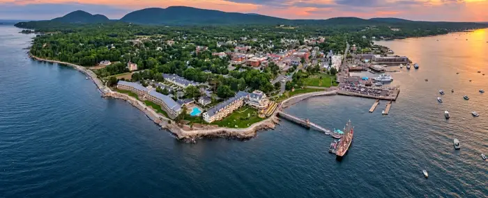 Bar Harbor waterfront viewed from the east at sunset, Maine.