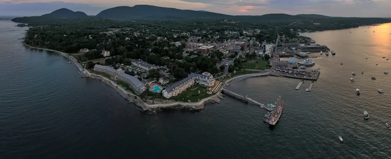 Bar Harbor waterfront and Frenchman Bay at sunset, Maine.